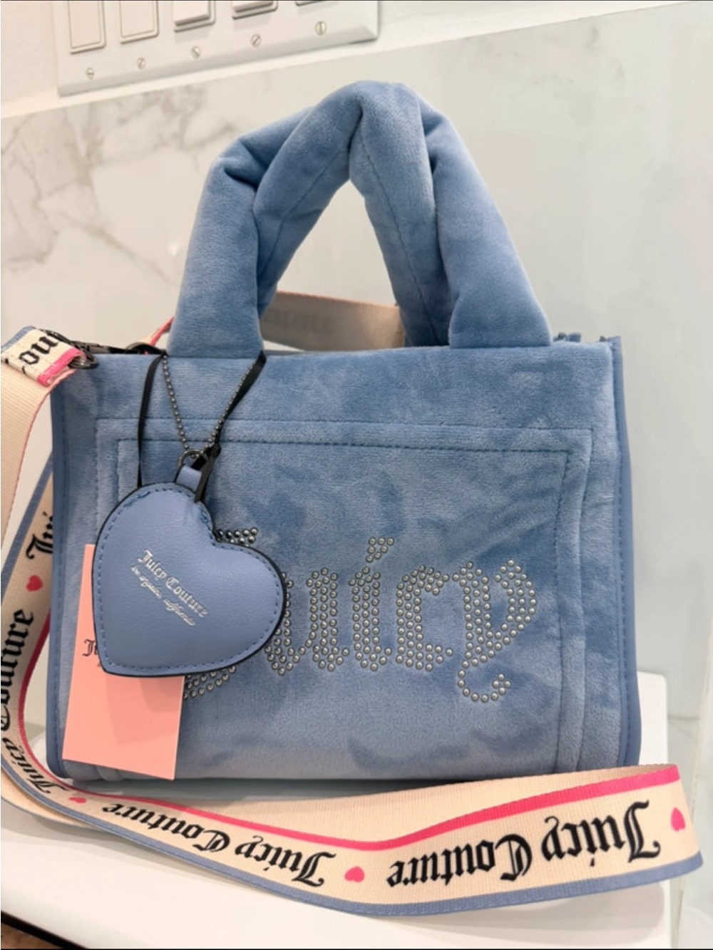 Juicy Couture Light Blue Plush Tote with Heart Charm and Branded Strap